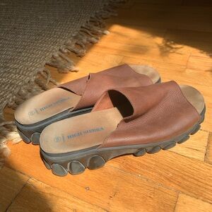 Brown Leather Platform Slide Sandals | Chunky Heel Sandals | Cush bottom | W 10